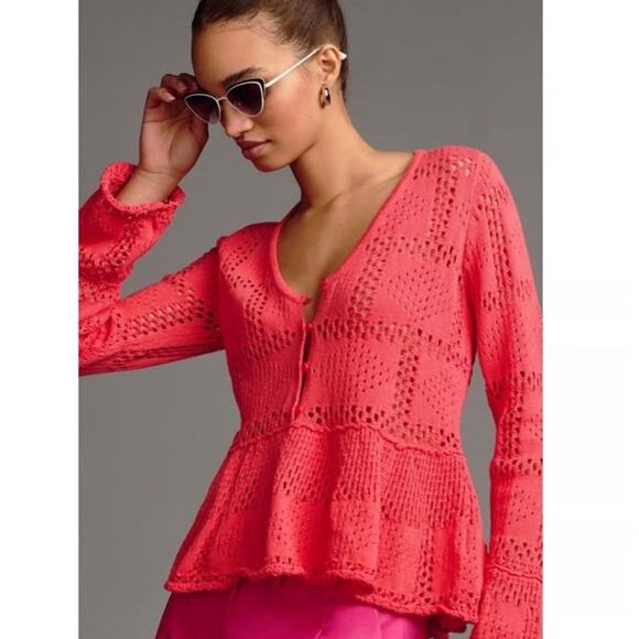 Pilcro by Anthropologie Sweaters - Anthropologie Pilcro Coral Pointelle Knit Peplum Sweater Top Large Boho NWT